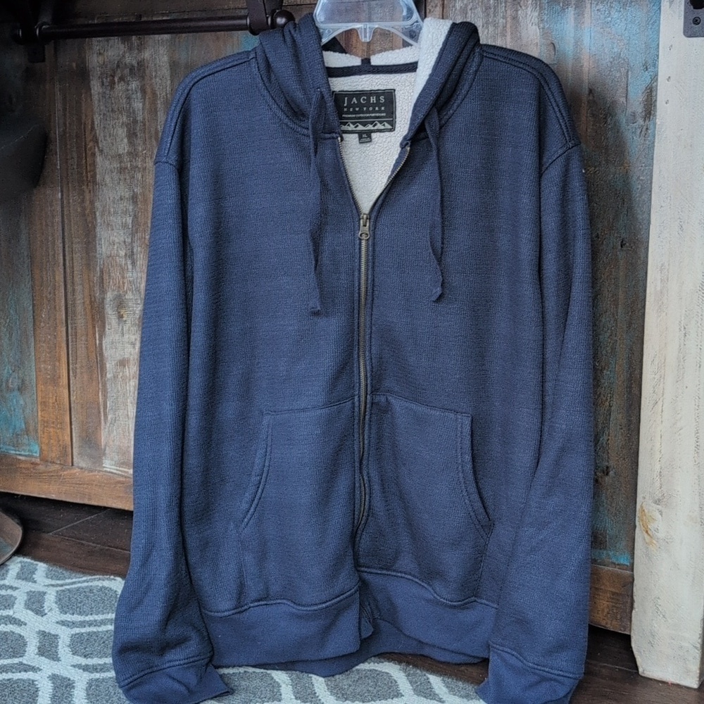 Jachs New York Sherpa Lined Navy Waffle Full Zip Hooded Sweatshirt - Men's XL